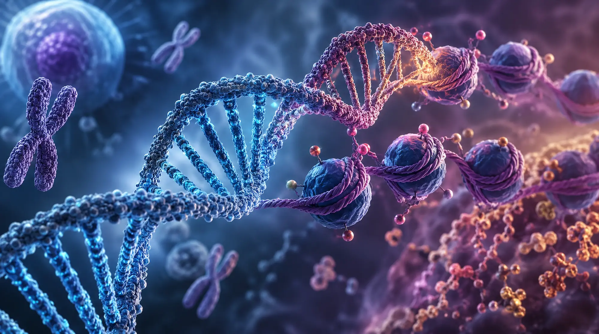 Ilustración científica de una doble hélice de ADN junto a estructuras de cromatina y marcadores moleculares que representan conceptos de genética y epigenética.