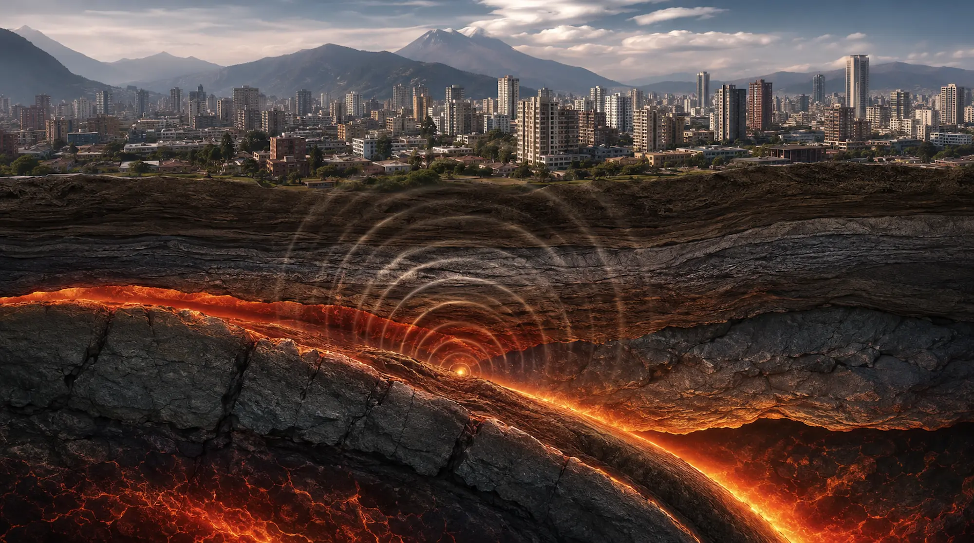 Ilustración científica de ondas sísmicas bajo una ciudad que representa terremotos recientes y actividad de placas tectónicas.